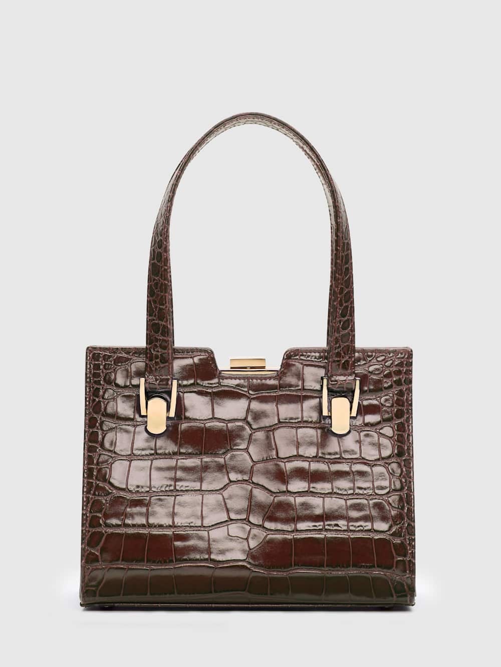 Reformation Nara Shoulder Bag in Dark Chocolate Croc